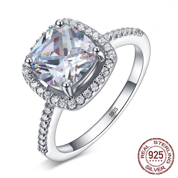 100% 925 Стерлинговые серебряные кольца для женщин Квадратный камень Кубический цирконий свадебные свадебные украшения Обручальное кольцо PR003
