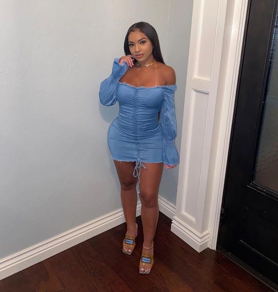 

casual dresses women denim dress long flared sleeve slash neck tights mini, Black;gray