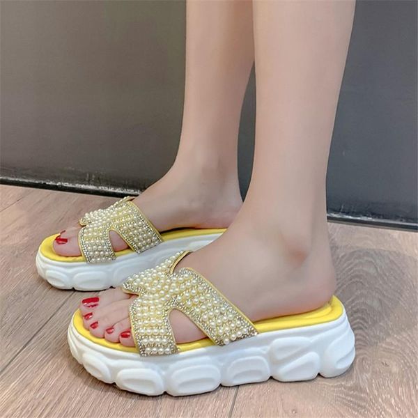 

slippers pxelena designer beads crystal slides women summer flat thick platform soft comfort beach flip flops large size 34-45, Black