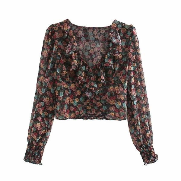 

sweet ruffle collar women short shirts summer fashion flower print blouses casual female shirt slim girls blouse 210430, White