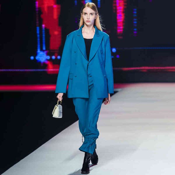 

women's two piece pants twotwinstyle vintage blue set for women notched long sleeve blazer high waist straight casual suit female r1wd, White