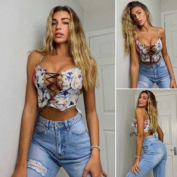 

women's printed sling sleeveless halter navel t-shirt white tanks & camis