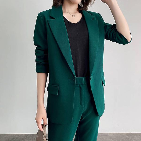 

women's two piece pants women autumn solid elegant blazer suit ol single button blue female formal office suits work, White