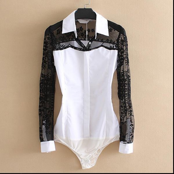 

office fashion lace patch women blouses white bodysuit cotton turn down collar hollow out long sleeve body shirt