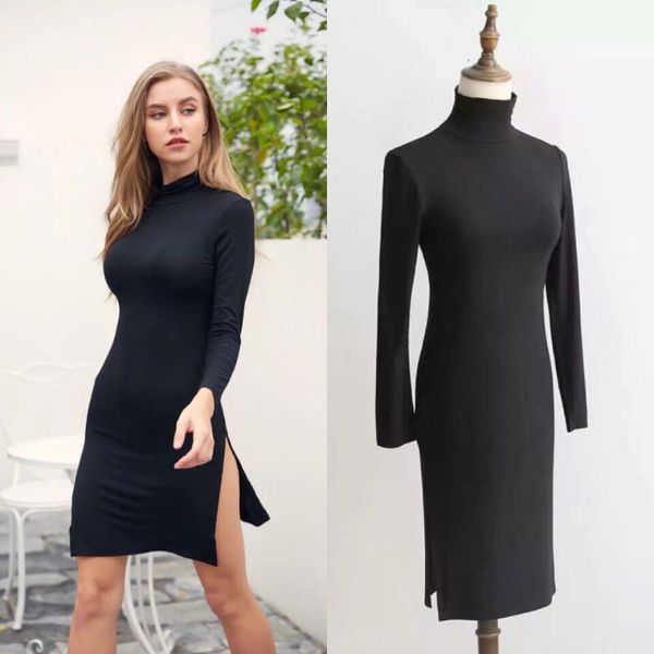 

casual dresses spring autumn long sleeve turtleneck side split mini dress for women streetwear solid color chic black vestidos, Black;gray