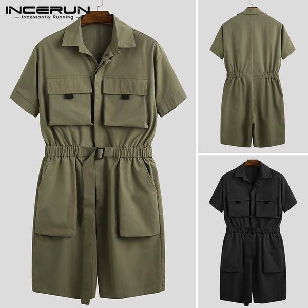 

vintage short sleeve lapel bib pants fashion cargo rompers incerun men solid color shorts jumpsuits casual pockets overalls 5xl7 men's, White;black