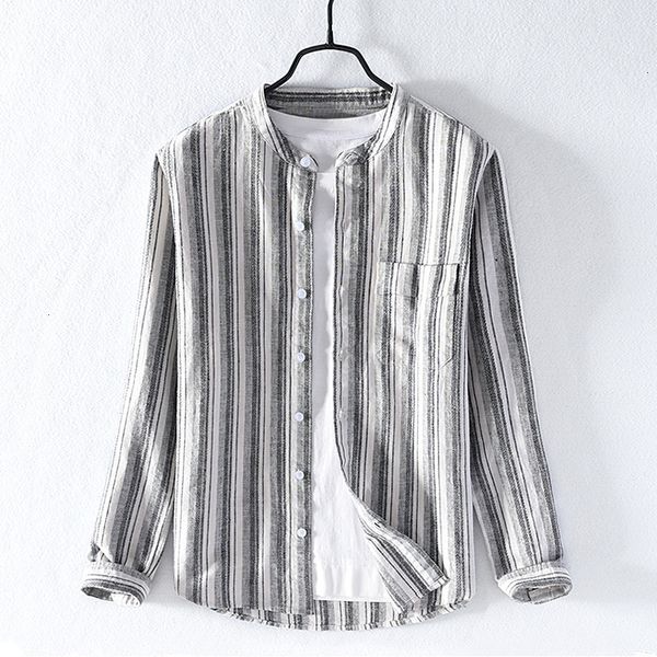 

men's t-shirts casual striped long-sleeved linen autumn cotton shirts for men fashion comfortable shirt male camisa chemise i839, White;black