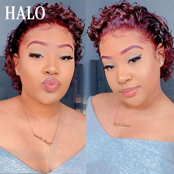 

lace wigs halo t part short bob water curly pixie cut wig human hair for women deep wave burgundy 99j, Black;brown