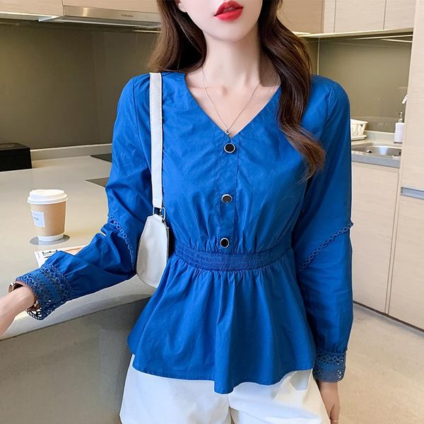 

women's blouses & shirts blouse women autumn 2021 fashion office lady full sleeve solid high waist v-neck blusas womens and, White