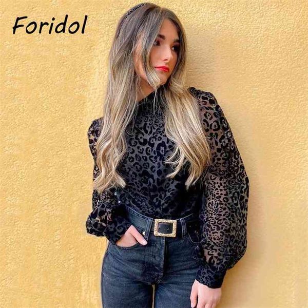 

black leopard pattern tulle blouse shirt women long sleeve see through bouse elegant ruffle ladies 210427, White