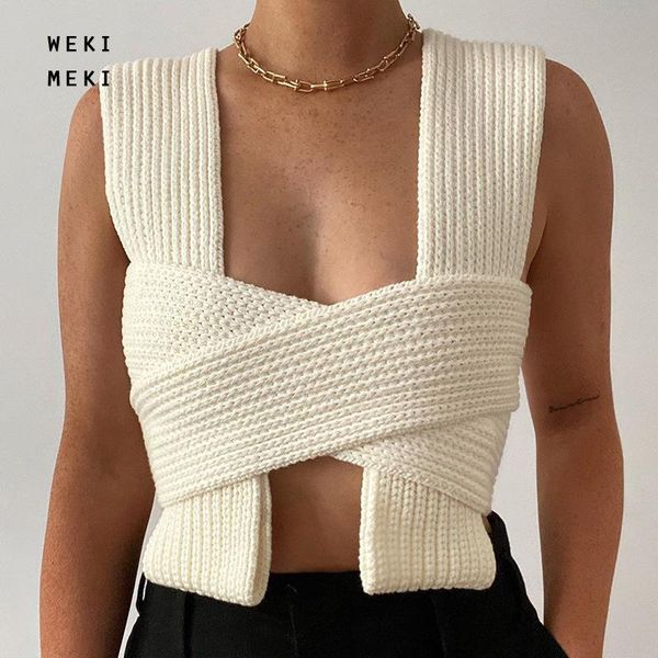 

women tank cross knitted vest women's solid color short 23612p tanks & camis, White