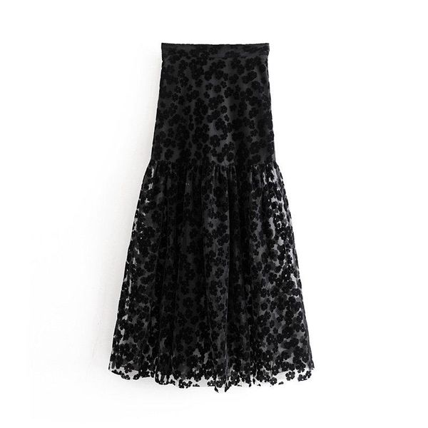 

skirts 2021 women high street floral embroidery mesh vestidos black long skirt faldas mujer ladies side zipper chic