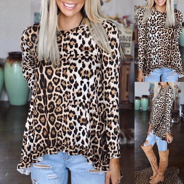

women's t-shirt fashion casual leopard print long sleeve round neck, White