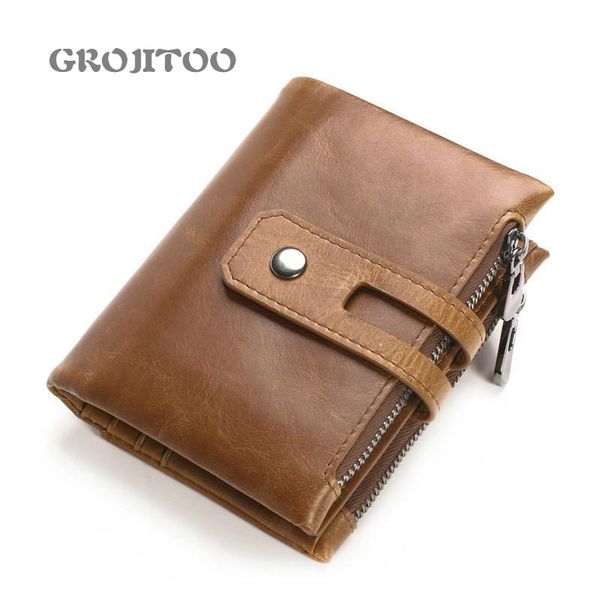 

geniune leather wallet casual short men's double zipper buckle large capacity card holder bag wallets, Red;black