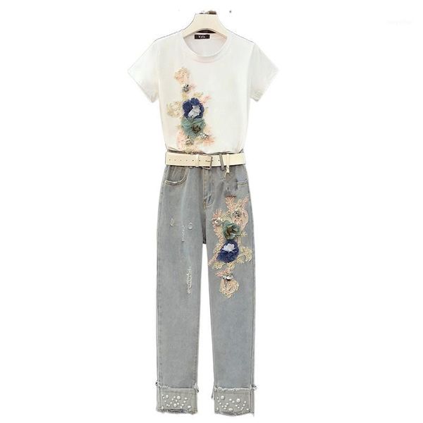 

plus size 4xl 2021 summer 2 piece set women embroidery 3d flower appliques tshirt jeans suits denim pants women's tracksuits, Gray