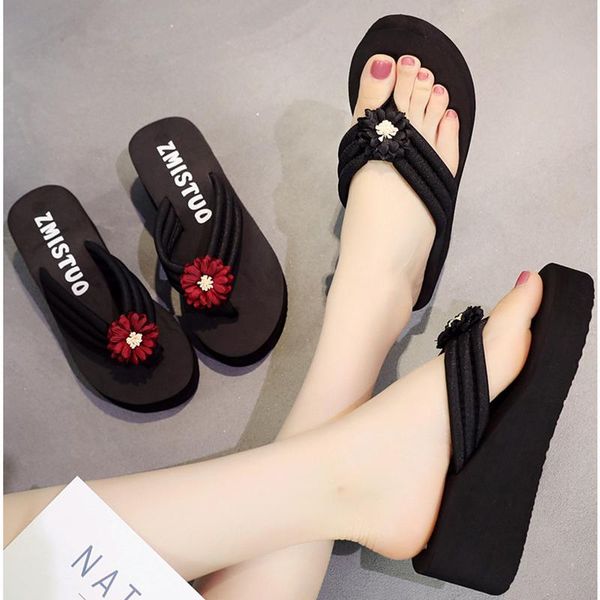

slippers summer ladies bohemian flip-flops handmade daisy woman wedge high heels non-slip beach shoes, Black