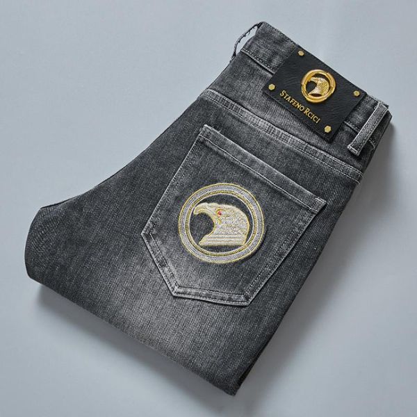 

men's jeans four seasons european brand trousers cotton straight elastic business pants classic style denim male, Blue