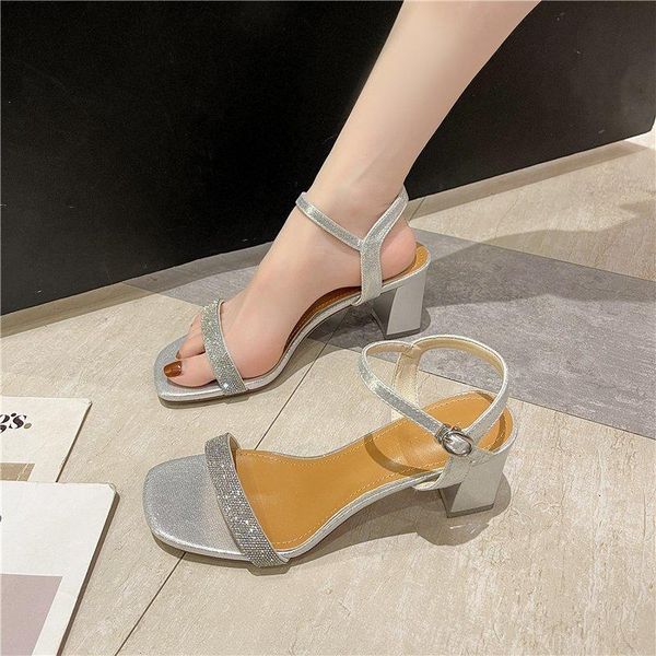 

dress shoes thick heel sandals women crystal buckle summer concise open toe high zapatos mujer 2021, Black