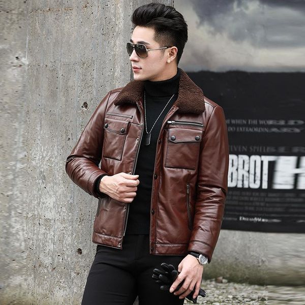 

men's leather & faux real genuine men 2021 cow coats slim jacket duck down coat winter jaqueta de couro yy622, Black