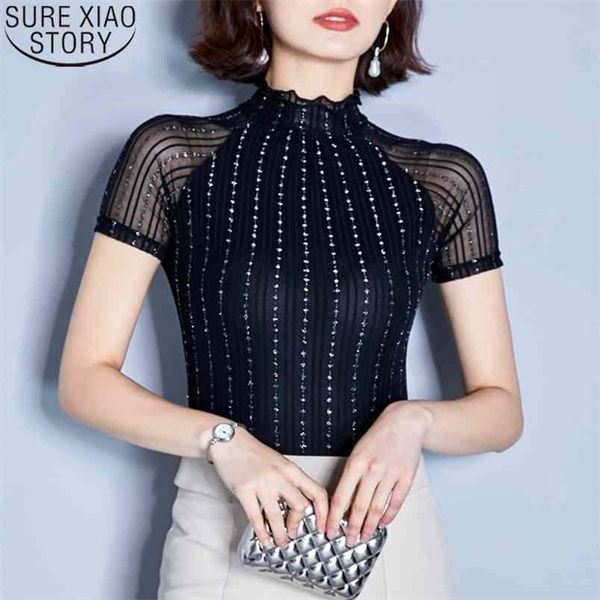 

fashion summer tees women t shirt ladies short sleeve for ts striped ruffled mesh plus size 4411 210506, White