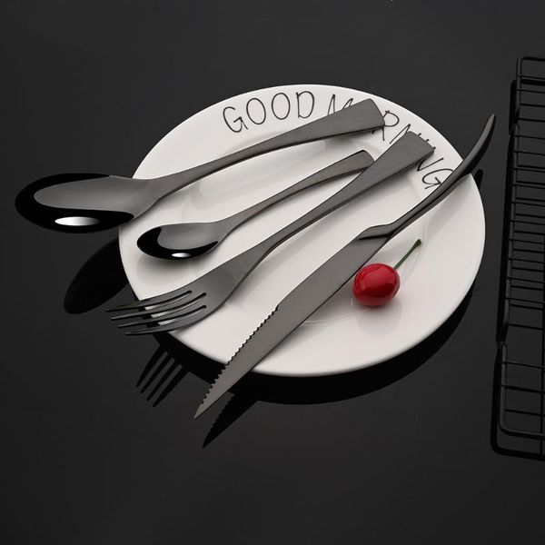 

flatware sets 2/4/6 set dinnerware steel mirror black cutlery steak knife spoon fork 18/10 stainless kitchen gold tableware