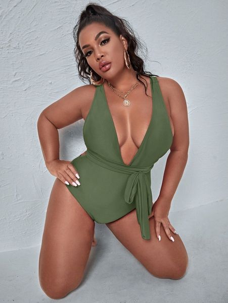 

plus knot front plunging one piece swimsuit r6xx#, Black