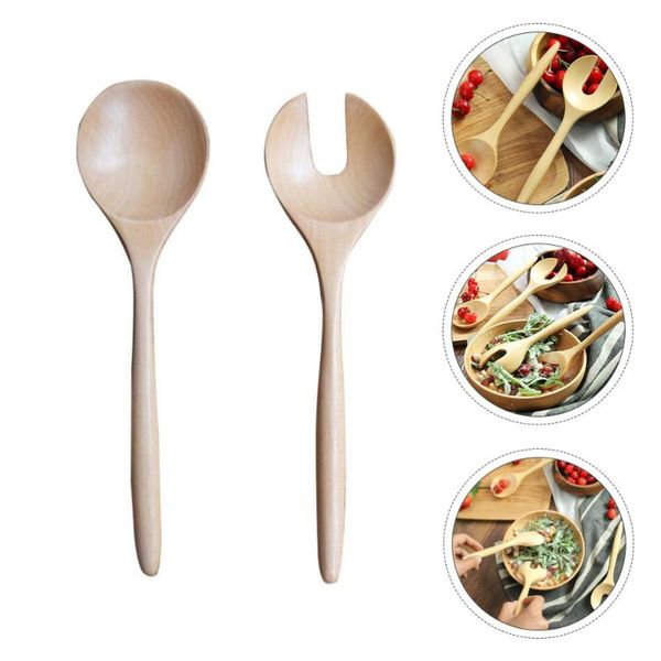 

spoons 1 set 2pcs salad spoon round wood and fork servers color