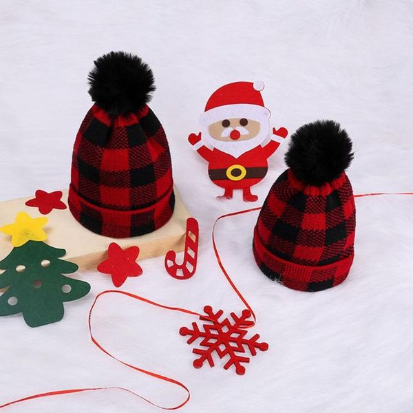 

beanies mom and baby matching hats lovely red black plaid winter warm fur ball knitted parent-child hat caps for boys girls kids