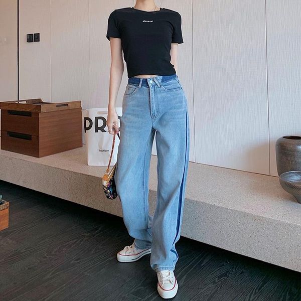 

women's jeans high waist straight for women 2021 y2k loose wide leg denim pants color patchwork trousers female jean fall p184, Blue