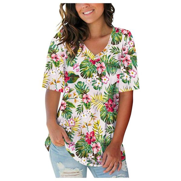 

women's t-shirt women v-neck slim short sleeve temperament commuter floral print pullover all-match lady t shirt casual tee, White