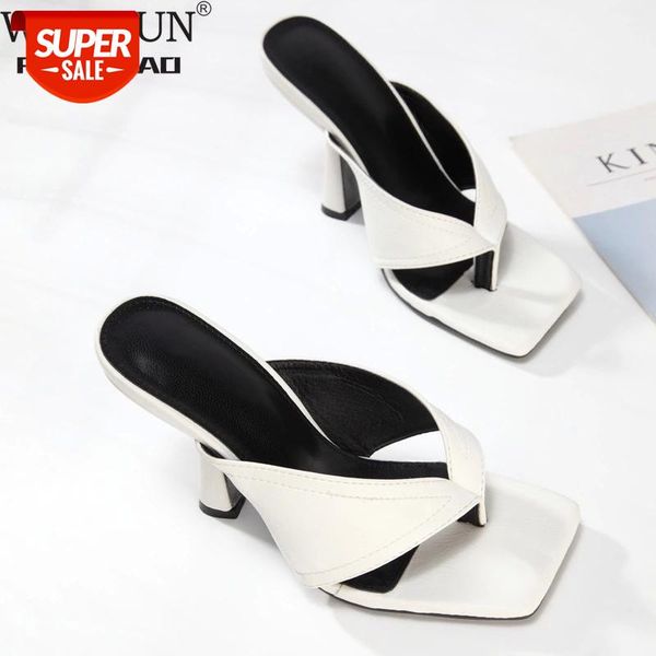 

wdhkun 2021 new10cm women slippers slides square toe med heel sandal shoes ladies summer outdoor beach flip flops #ky4f, Black