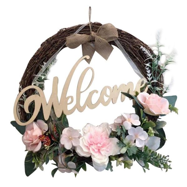 

decorative flowers & wreaths welcome sign wreath front door hanger with bow round outdoor hanging decoration for home vertical 9.8 inch ratt