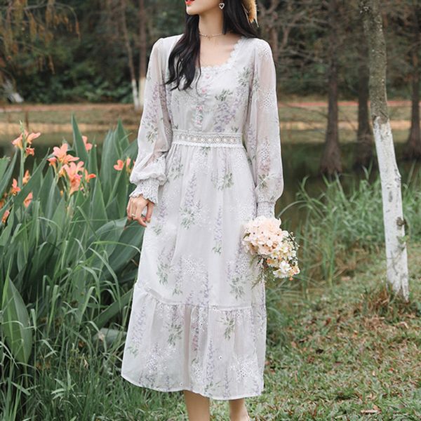 

casual dresses french elegant vintage floral party long women sleeve midi boho beach vacation sweet summer 2021 robe 9sx, Black;gray