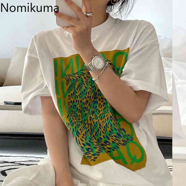 

nomikuma graphic tees leopard t shirt women o neck short sleeve casual loose tshirts summer fashion high street camisetas 210514, White