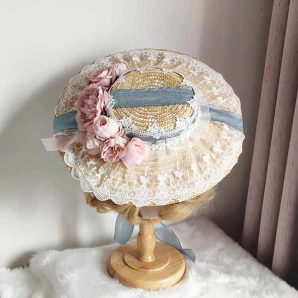 

stingy brim hats sweet straw lolita sun hat wide lace rose flower girls handmade afternoon tea party ribbon pastoral cap, Blue;gray