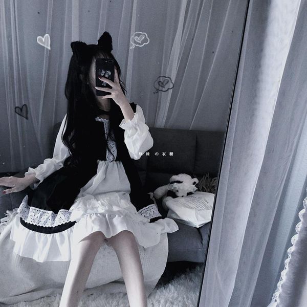 

casual dresses dark girl lolita dress japanese sweet kawaii women vintage victorian gothic long sleeve lace princess party ahey, Black;gray