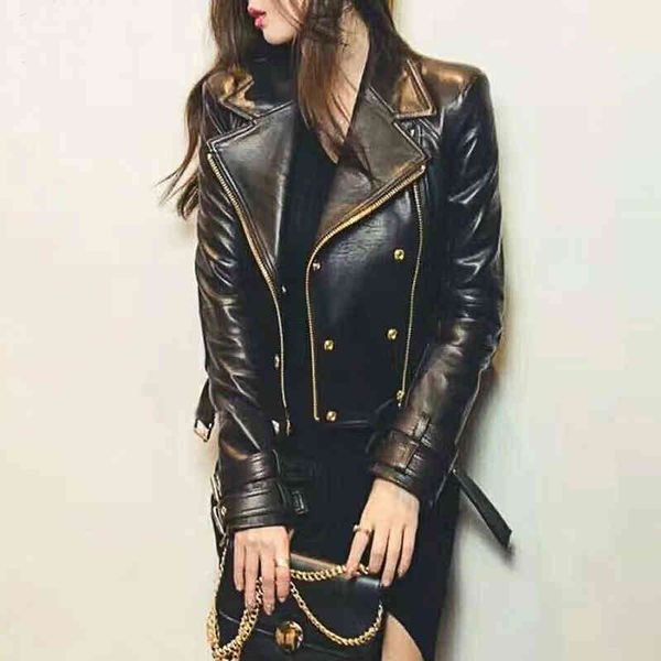 

fashion designer women's leather buttons double zippers motorcycle biker faux jacket coat spring py160, Black