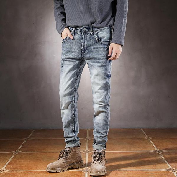

men's jeans italian style fashion men retro light gray blue elastic slim fit ripped printed designer casual denim pants