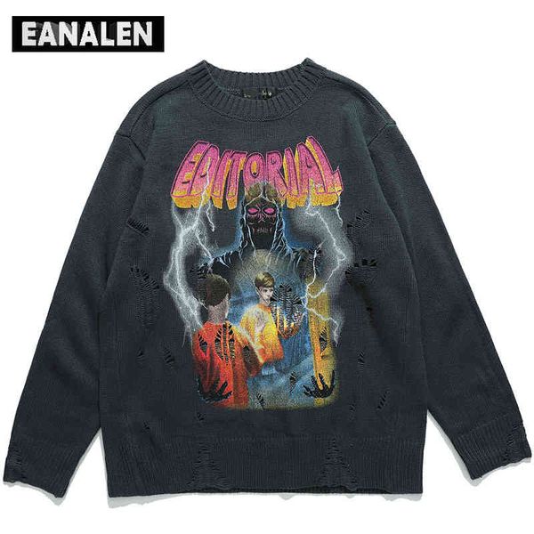 

harajuku retro tattered jeans demon men oversized punk rock gothic print knitted pullover women jumper ugly sweater, Black