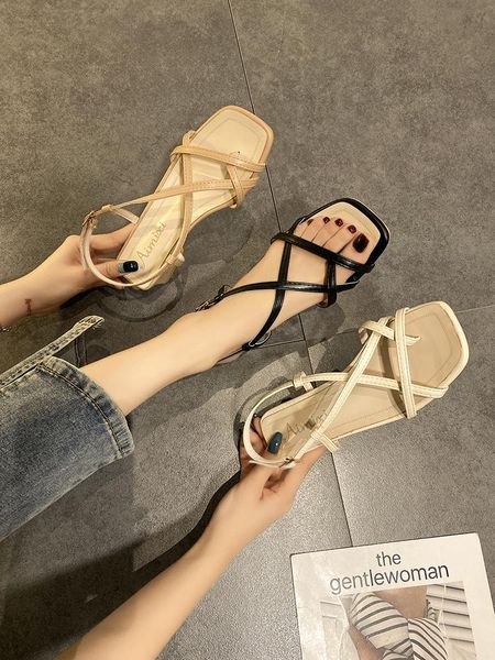 

summer fashion versatile ins thin belt shoes sandals, Black
