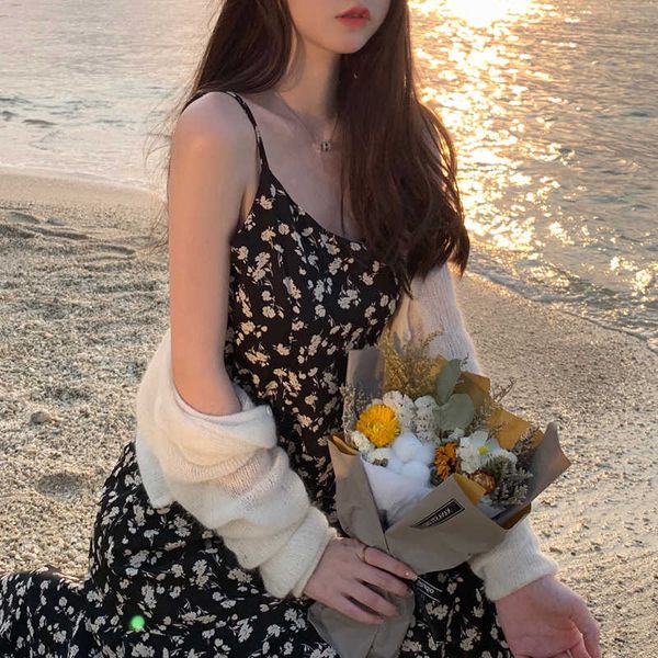 

casual dresses vintage midi strap women beach elegant floral female evening party design korean summer iuk3, Black;gray