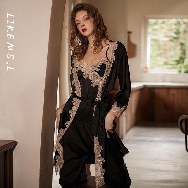 

women's sleepwear fashion french lace satin suspender skirt temptation home service nightdress nightgown set night dress silk robe, Black;red