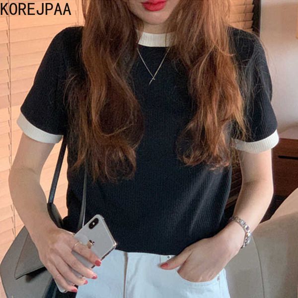 

korejpaa women t-shirt summer korean fashion chic retro versatile loose o-neck hemmed stitching design short sleeve tee 210526, White