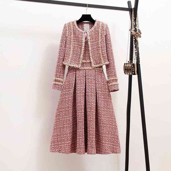 

new autumn women 2 piece set tweed short jacket coat+beading vest dress elegant fashion party dresses 2 sets 210407, White