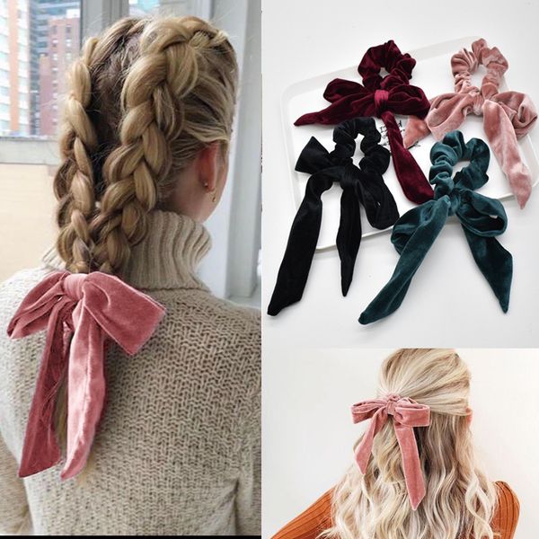 

retro color women hair scrunchie bows ponytail holder hairbands bow knot scrunchy girls hair ties ribbon scarf hair accessories, Blue;gray