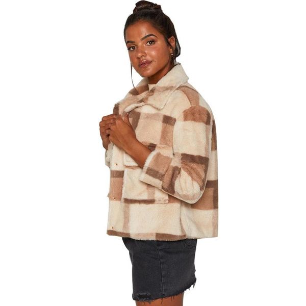 

faux fur coat plaid short jacket female autumn pocket women's winter single breasted turn down collar chaqueta mujer jackets, Black;brown