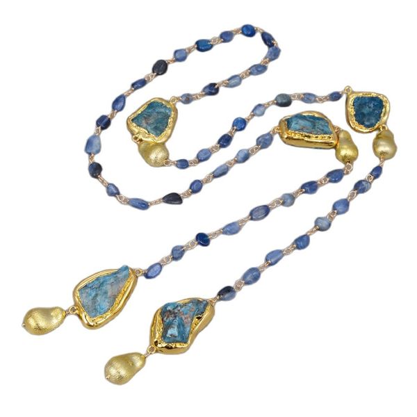 

guaiguai jewelry natural blue kyanites gold plated brushed bead long necklace sweater chain necklace handmade for women real gems stone lady, Silver