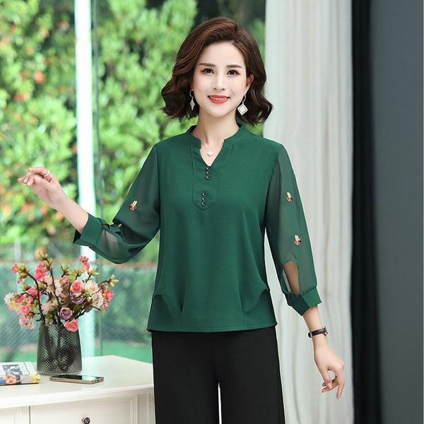 

women's blouses & shirts summer shirt embroidery hollow three quarter sleeves design v-neck pleats middle-aged mothers pullover blouse, White