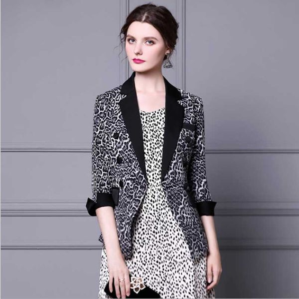 

women's jackets leopard single button notched ladies spring autumn coat three quarter sleeve slim yellow grey jacket short woman's, Black;brown