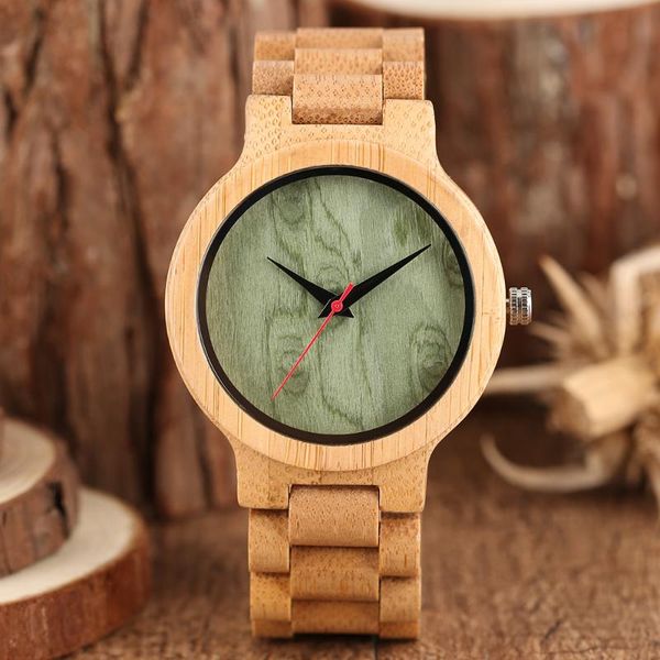 

wristwatches 2021 arrival hand-made full bamboo design quartz wristwatch bracelet clasp green beige dial simple casual male watch gift, Slivery;brown